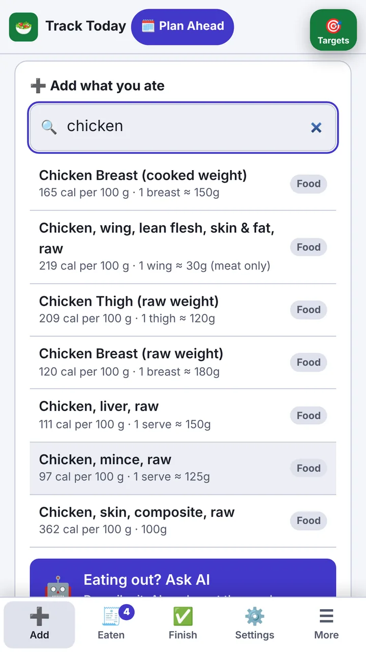 Searching foods with calories per 100 g and per item.