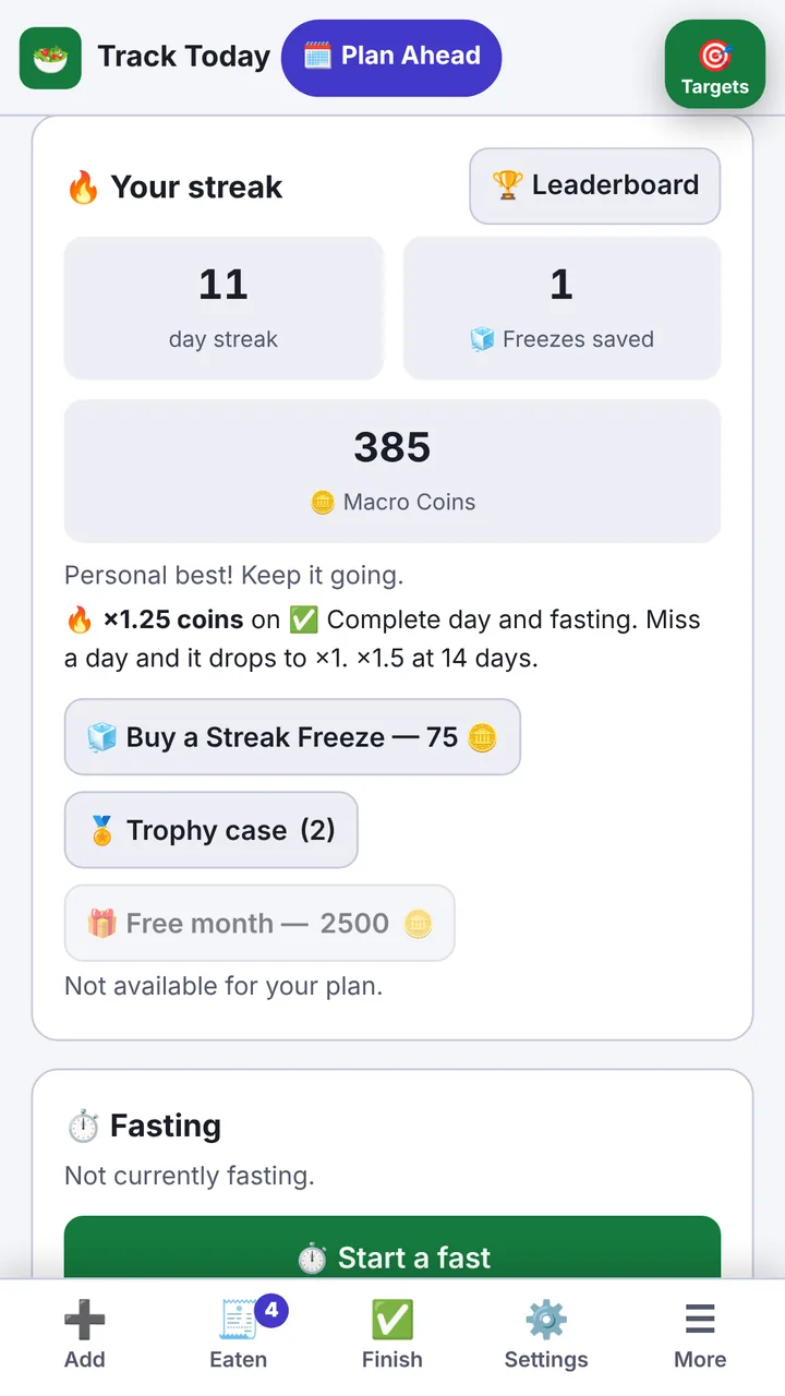 Your streak, Macro Coins and Streak Freezes.