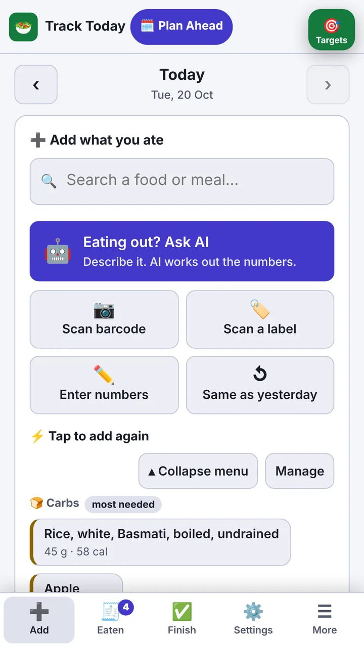 Track Today: add what you ate by search, barcode, label or AI.