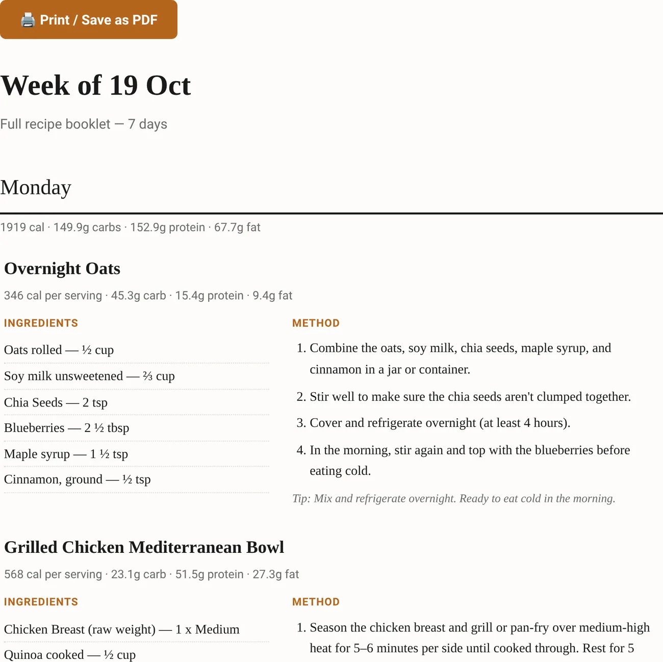 A recipe booklet page with ingredients and method.